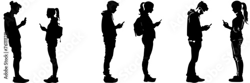 People holding using mobile phones set Characters with smartphones in hands Men women use cellphones surfing internet chatting Flat graphic vector illustrations black and white