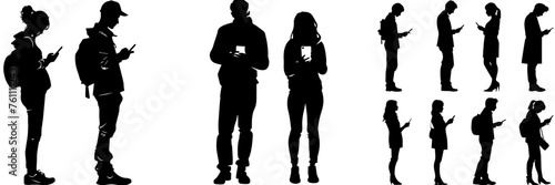 People holding using mobile phones set Characters with smartphones in hands Men women use cellphones surfing internet chatting Flat graphic vector illustrations black and white