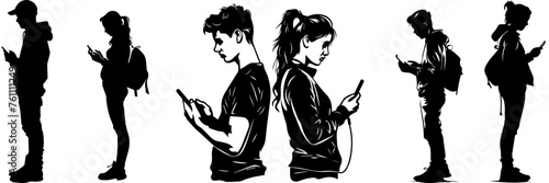 People holding using mobile phones set Characters with smartphones in hands Men women use cellphones surfing internet chatting Flat graphic vector illustrations black and white
