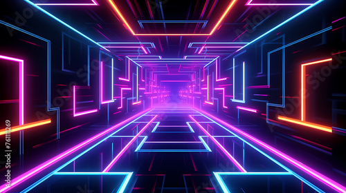 Futuristic empty neon corridor model