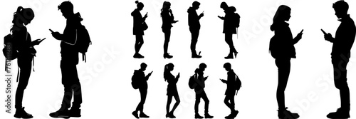 People holding using mobile phones set Characters with smartphones in hands Men women use cellphones surfing internet chatting Flat graphic vector illustrations black and white