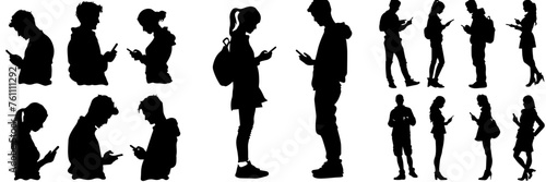People holding using mobile phones set Characters with smartphones in hands Men women use cellphones surfing internet chatting Flat graphic vector illustrations black and white