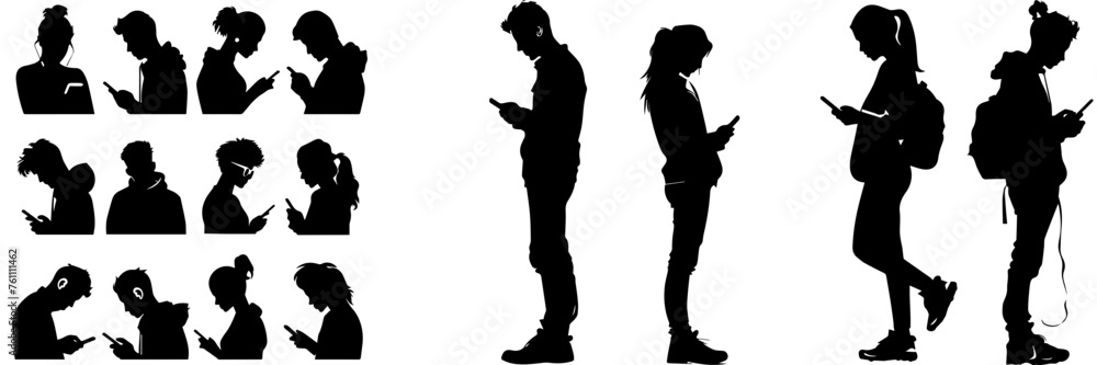 People holding using mobile phones set Characters with smartphones in hands Men women use cellphones surfing internet chatting Flat graphic vector illustrations black and white People holding using mobile phones set Characters with smartphones in hands Men women use cellphones surfing internet chatting Flat graphic vector illustrations black and white