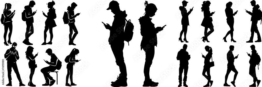 People holding using mobile phones set Characters with smartphones in hands Men women use cellphones surfing internet chatting Flat graphic vector illustrations black and white People holding using mobile phones set Characters with smartphones in hands Men women use cellphones surfing internet chatting Flat graphic vector illustrations black and white
