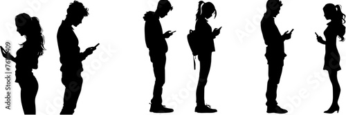 People holding using mobile phones set Characters with smartphones in hands Men women use cellphones surfing internet chatting Flat graphic vector illustrations black and white