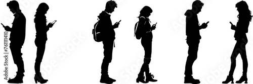 People holding using mobile phones set Characters with smartphones in hands Men women use cellphones surfing internet chatting Flat graphic vector illustrations black and white