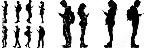 People holding using mobile phones set Characters with smartphones in hands Men women use cellphones surfing internet chatting Flat graphic vector illustrations black and white