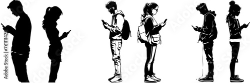 People holding using mobile phones set Characters with smartphones in hands Men women use cellphones surfing internet chatting Flat graphic vector illustrations black and white