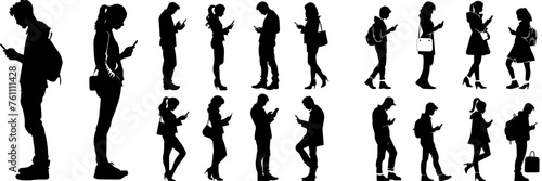 People holding using mobile phones set Characters with smartphones in hands Men women use cellphones surfing internet chatting Flat graphic vector illustrations black and white