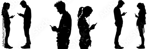 People holding using mobile phones set Characters with smartphones in hands Men women use cellphones surfing internet chatting Flat graphic vector illustrations black and white