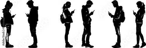 People holding using mobile phones set Characters with smartphones in hands Men women use cellphones surfing internet chatting Flat graphic vector illustrations black and white