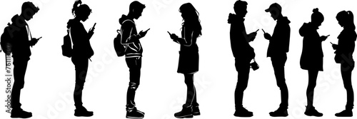 People holding using mobile phones set Characters with smartphones in hands Men women use cellphones surfing internet chatting Flat graphic vector illustrations black and white