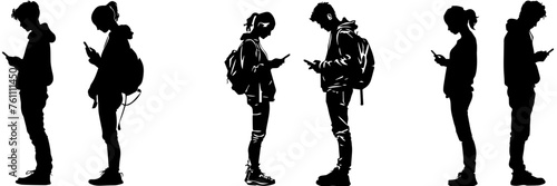 People holding using mobile phones set Characters with smartphones in hands Men women use cellphones surfing internet chatting Flat graphic vector illustrations black and white