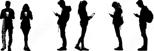 People holding using mobile phones set Characters with smartphones in hands Men women use cellphones surfing internet chatting Flat graphic vector illustrations black and white