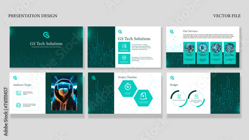 Tech business presentation vector design, with green color