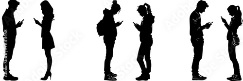 People holding using mobile phones set Characters with smartphones in hands Men women use cellphones surfing internet chatting Flat graphic vector illustrations black and white