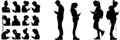 People holding using mobile phones set Characters with smartphones in hands Men women use cellphones surfing internet chatting Flat graphic vector illustrations black and white