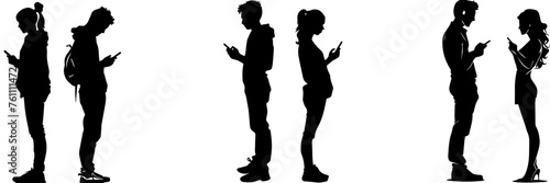 People holding using mobile phones set Characters with smartphones in hands Men women use cellphones surfing internet chatting Flat graphic vector illustrations black and white