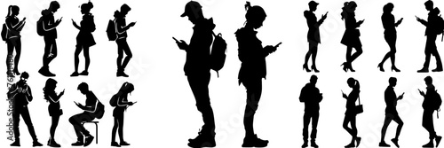 People holding using mobile phones set Characters with smartphones in hands Men women use cellphones surfing internet chatting Flat graphic vector illustrations black and white