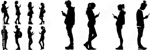 People holding using mobile phones set Characters with smartphones in hands Men women use cellphones surfing internet chatting Flat graphic vector illustrations black and white