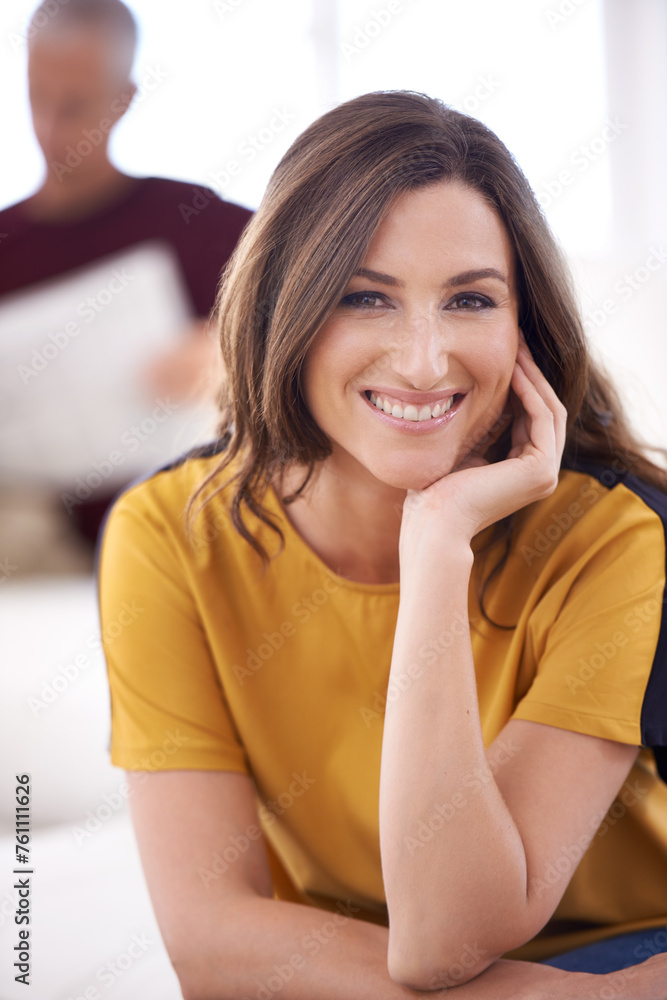 Woman, portrait and happy in home with relax for weekend break, leisure and confidence in living room. Person, face and smile with enjoyment, comfortable and good mood in lounge of apartment or house Woman, portrait and happy in home with relax for weekend break, leisure and confidence in living room. Person, face and smile with enjoyment, comfortable and good mood in lounge of apartment or house