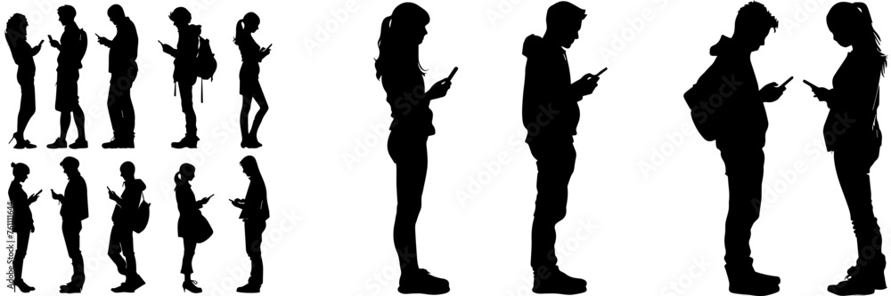 People holding using mobile phones set Characters with smartphones in hands Men women use cellphones surfing internet chatting Flat graphic vector illustrations black and white