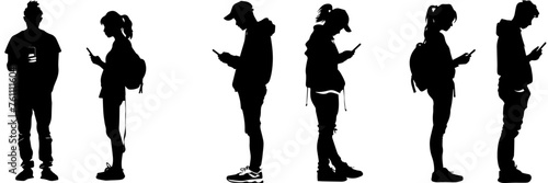 People holding using mobile phones set Characters with smartphones in hands Men women use cellphones surfing internet chatting Flat graphic vector illustrations black and white