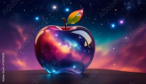 An apple made of crystal with a galaxy and stars inside it