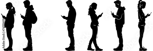 People holding using mobile phones set Characters with smartphones in hands Men women use cellphones surfing internet chatting Flat graphic vector illustrations black and white