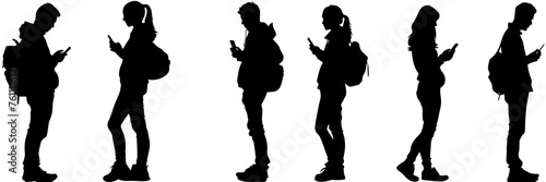People holding using mobile phones set Characters with smartphones in hands Men women use cellphones surfing internet chatting Flat graphic vector illustrations black and white