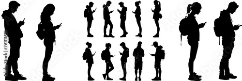 People holding using mobile phones set Characters with smartphones in hands Men women use cellphones surfing internet chatting Flat graphic vector illustrations black and white photo