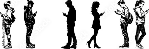People holding using mobile phones set Characters with smartphones in hands Men women use cellphones surfing internet chatting Flat graphic vector illustrations black and white