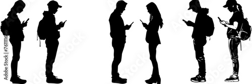 People holding using mobile phones set Characters with smartphones in hands Men women use cellphones surfing internet chatting Flat graphic vector illustrations black and white