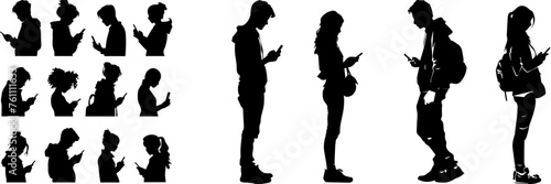 People holding using mobile phones set Characters with smartphones in hands Men women use cellphones surfing internet chatting Flat graphic vector illustrations black and white