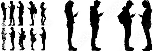 People holding using mobile phones set Characters with smartphones in hands Men women use cellphones surfing internet chatting Flat graphic vector illustrations black and white