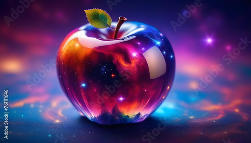 A close-up of a clear crystal apple with a galaxy and stars inside it