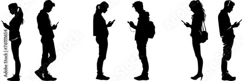 People holding using mobile phones set Characters with smartphones in hands Men women use cellphones surfing internet chatting Flat graphic vector illustrations black and white