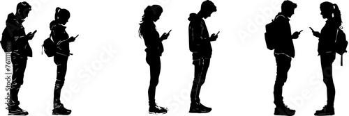 People holding using mobile phones set Characters with smartphones in hands Men women use cellphones surfing internet chatting Flat graphic vector illustrations black and white