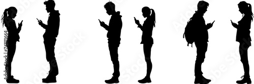 People holding using mobile phones set Characters with smartphones in hands Men women use cellphones surfing internet chatting Flat graphic vector illustrations black and white