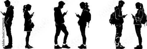 People holding using mobile phones set Characters with smartphones in hands Men women use cellphones surfing internet chatting Flat graphic vector illustrations black and white