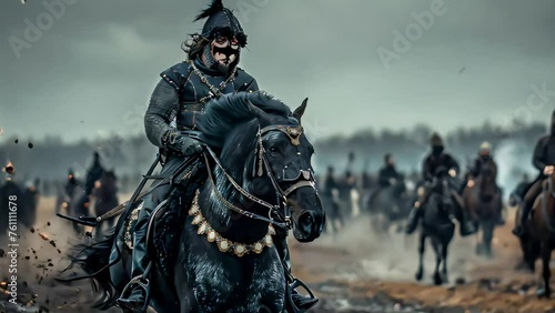a warrior on a black horse galloping in the heat of battle. Generative AI photo