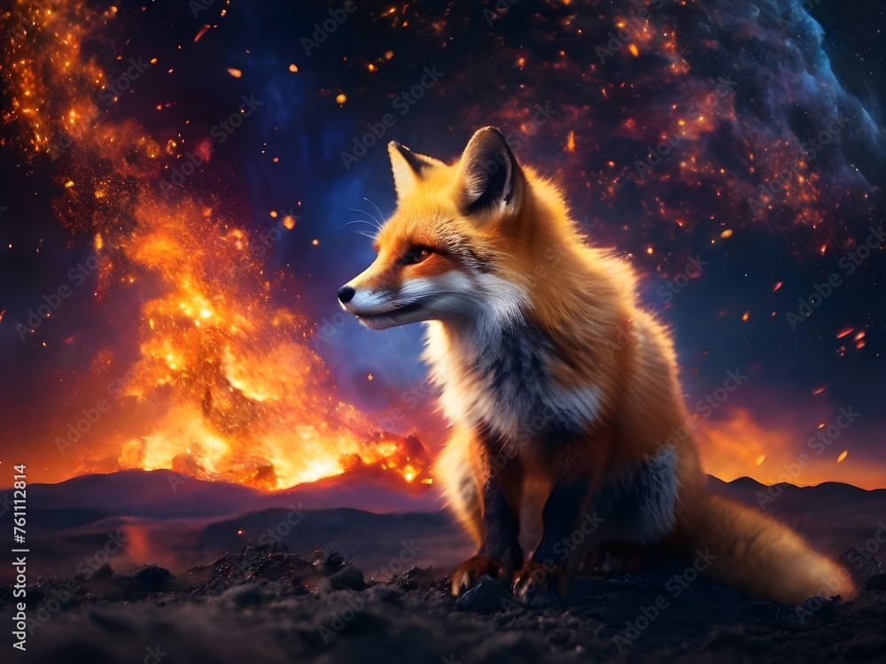 Fire in the background, velvet fur on a fox, explosions, midnight, sky, small fox Generative AI