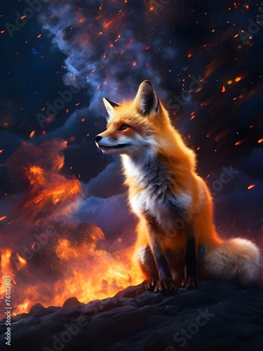 Fire in the background, velvet fur on a fox, explosions, midnight, sky, small fox Generative AI © Borys