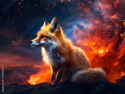 Fire in the background  velvet fur on a fox  explosions  midnight  sky  small fox Generative AI