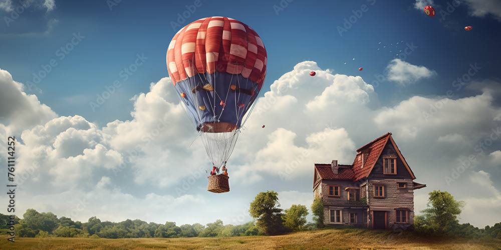 hot air balloon in the sky, Flying house with hot air balloon, Flying ...