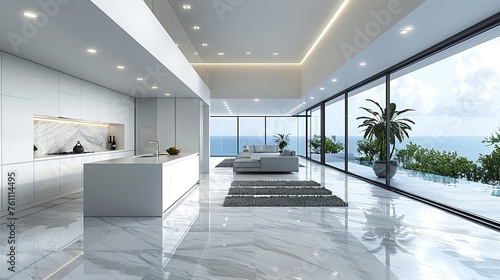 Within a stylish kitchen interior pristine white walls create a canvas for sleek design elements to shine. Capture the minimalist elegance as clean lines and modern fixtures enhance the space