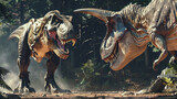 Two angry tyrannosaurus rex are preparing for fighting in prehistoric forest
