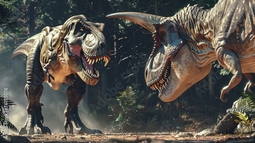 Two angry tyrannosaurus rex are preparing for fighting in prehistoric forest