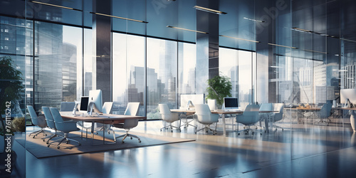 people on the airport  A desk with a view of the city skyline  Modern Office Space with Panoramic Views  Top view Long exposure shot of modern office lobby with business people blurred  Generative AI