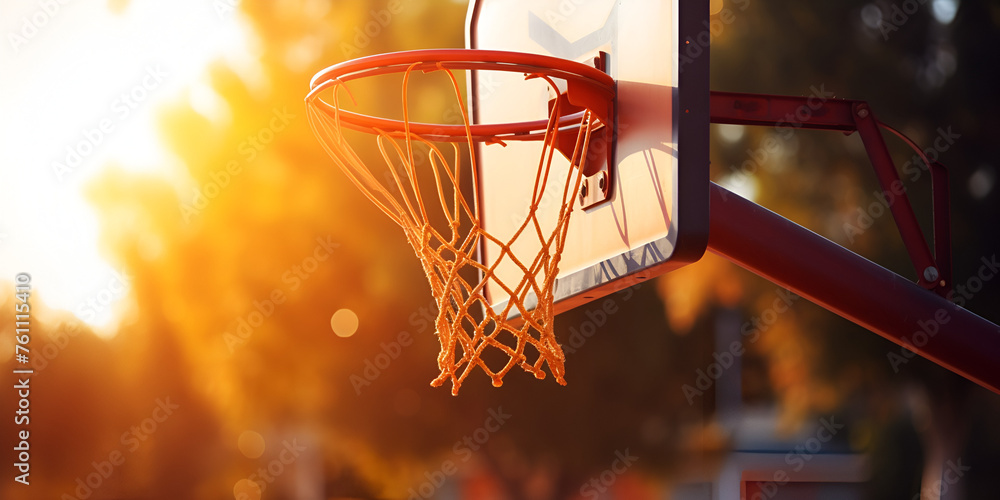 Action shot of basketball falls through basketball hoop and net on nature background, Basketball over basket in stadium at sunset, Generative AI